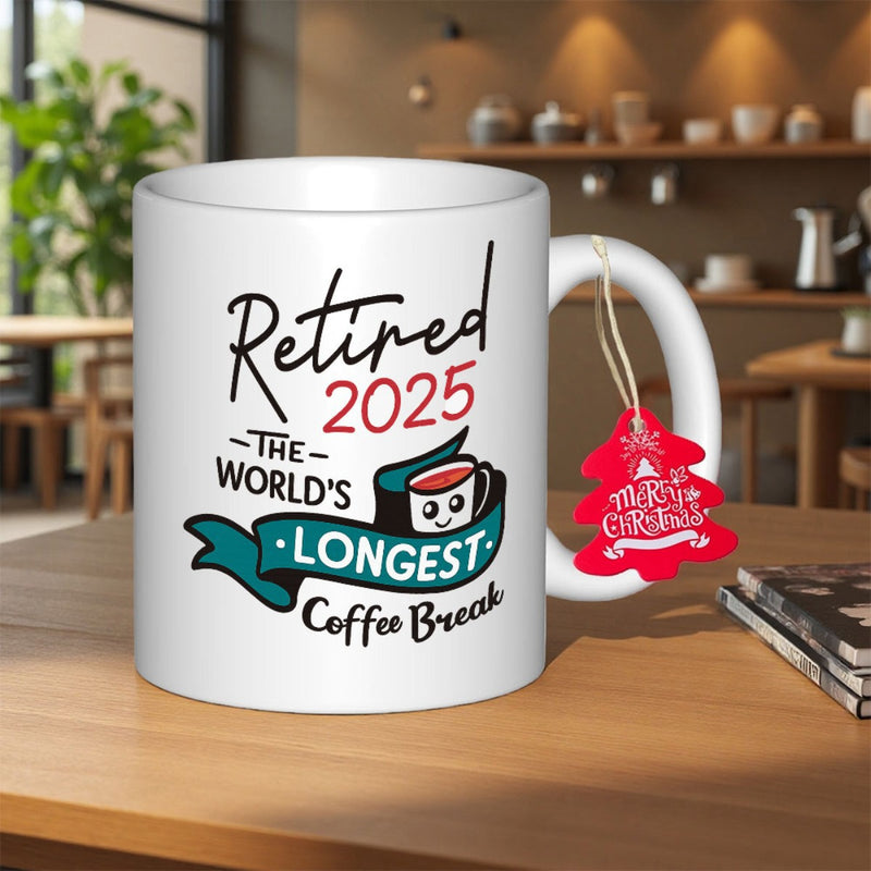 Tailorly White Ceramic 11 oz Mug - Retired 2025 The Worlds Longest Coffee Break Minimalist Teal Banner Under Stylized Text Beside A Small Smiling Cartoon Mug