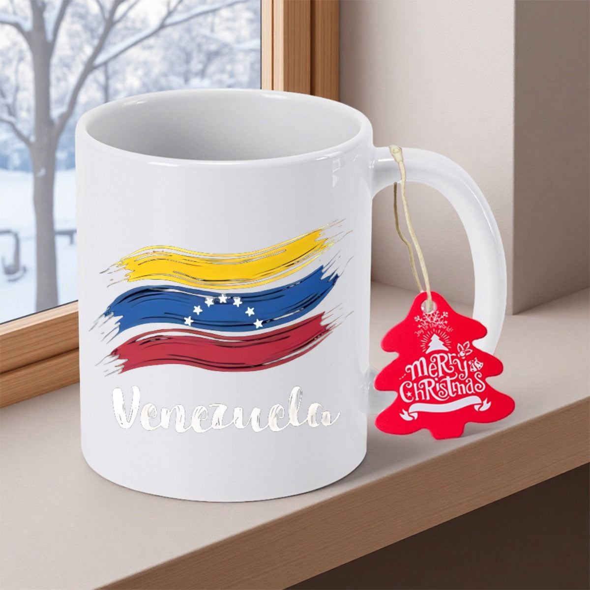 Tailorly White Ceramic 11 oz Mug - Venezuela Artistic Brushstroke Style National Flag Colors With Elegant White Script Mug