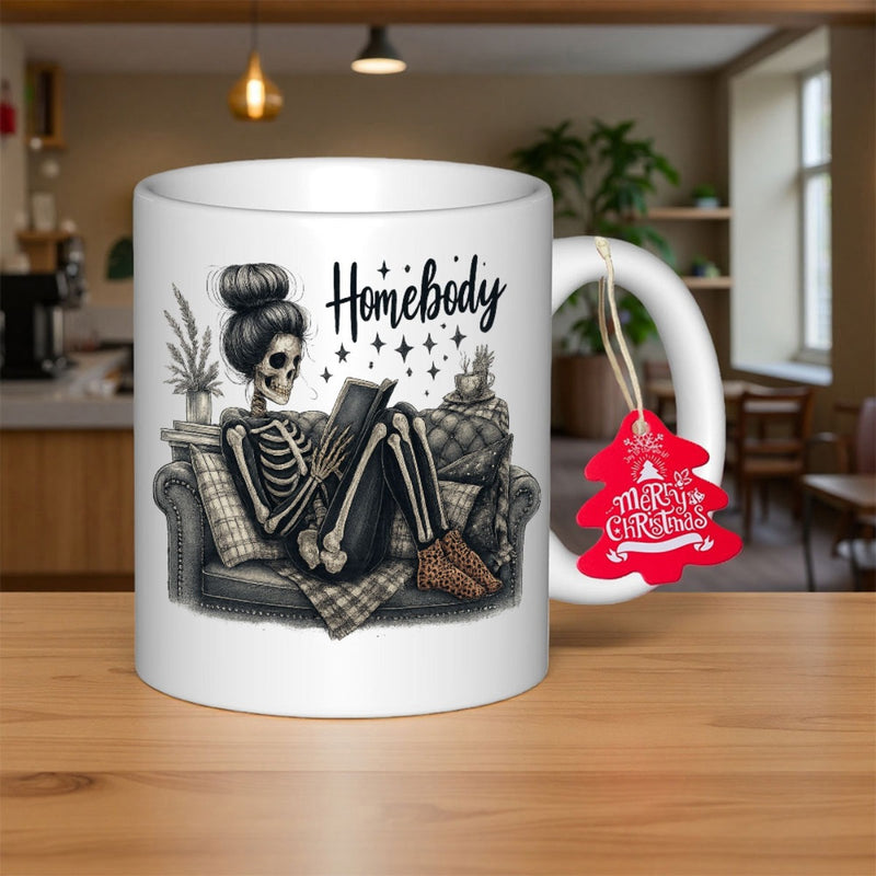 Tailorly White Ceramic 11 oz Mug - Homebody Cozy Skeleton Figure Sitting On Comfy Sofa Reading Book Among Stars Skeleton