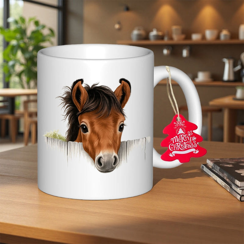 Tailorly White Ceramic 11 oz Mug - Merry Christmas Brown Mane Peeking Over White Fence With Realistic Details Horse