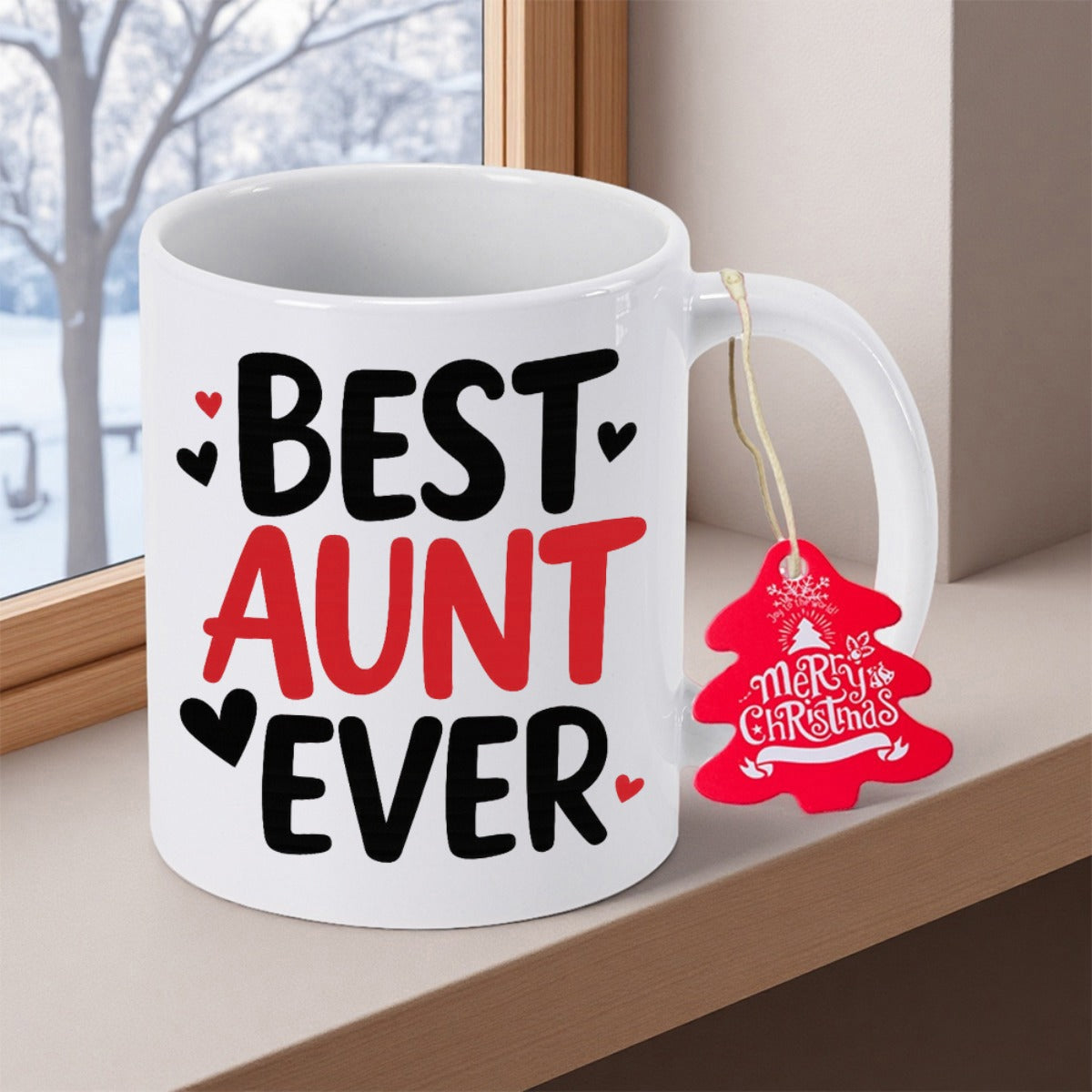 Tailorly White Ceramic 11 oz Mug - Best Aunt Ever Minimalist White Ceramic With Small Black Hearts And Festive Tag Mug