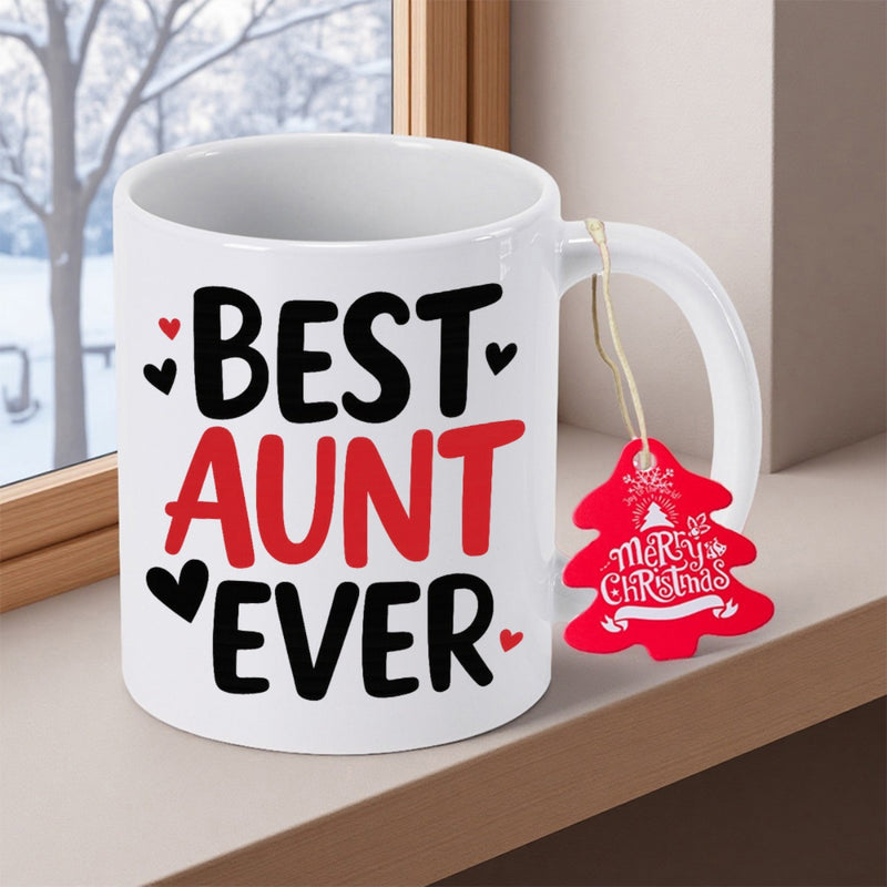 Tailorly White Ceramic 11 oz Mug - Best Aunt Ever Minimalist White Ceramic With Small Black Hearts And Festive Tag Mug