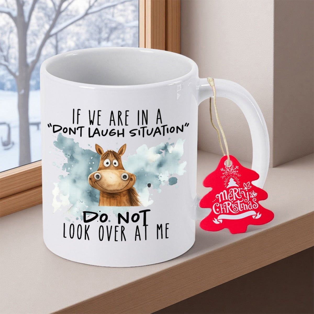 Tailorly White Ceramic 11 oz Mug - If We Are In A Dont Laugh Situation Do Not Look Over At Me Humorous Cartoon Brown Horse With Expressive Eyes Among Blue