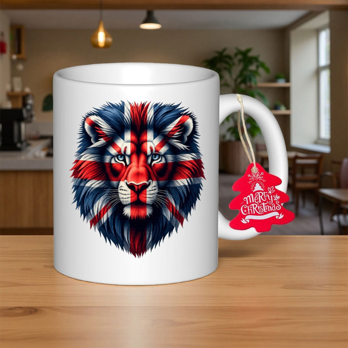 Tailorly White Ceramic 11 oz Mug - Merry Christmas Majestic British Flag Patterned Head Of A Powerful Wild Lion