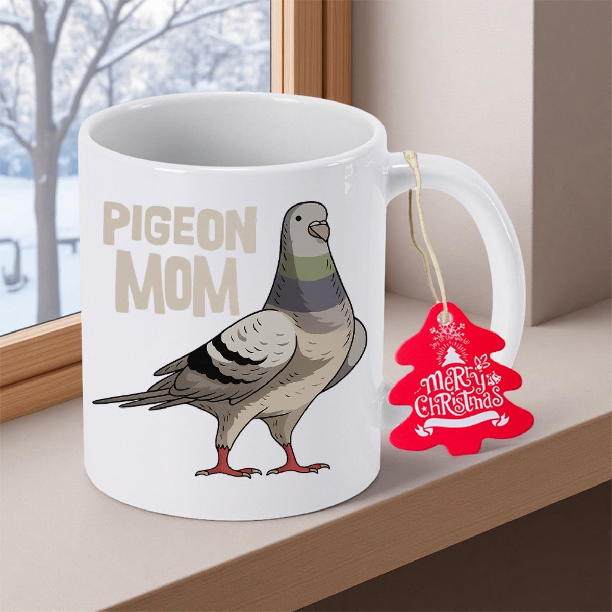 Tailorly White Ceramic 11 oz Mug - Pigeon Mom Merry Christmas Detailed Gray Bird Standing Proudly With Iridescent Purple Neck Feathers Pigeon
