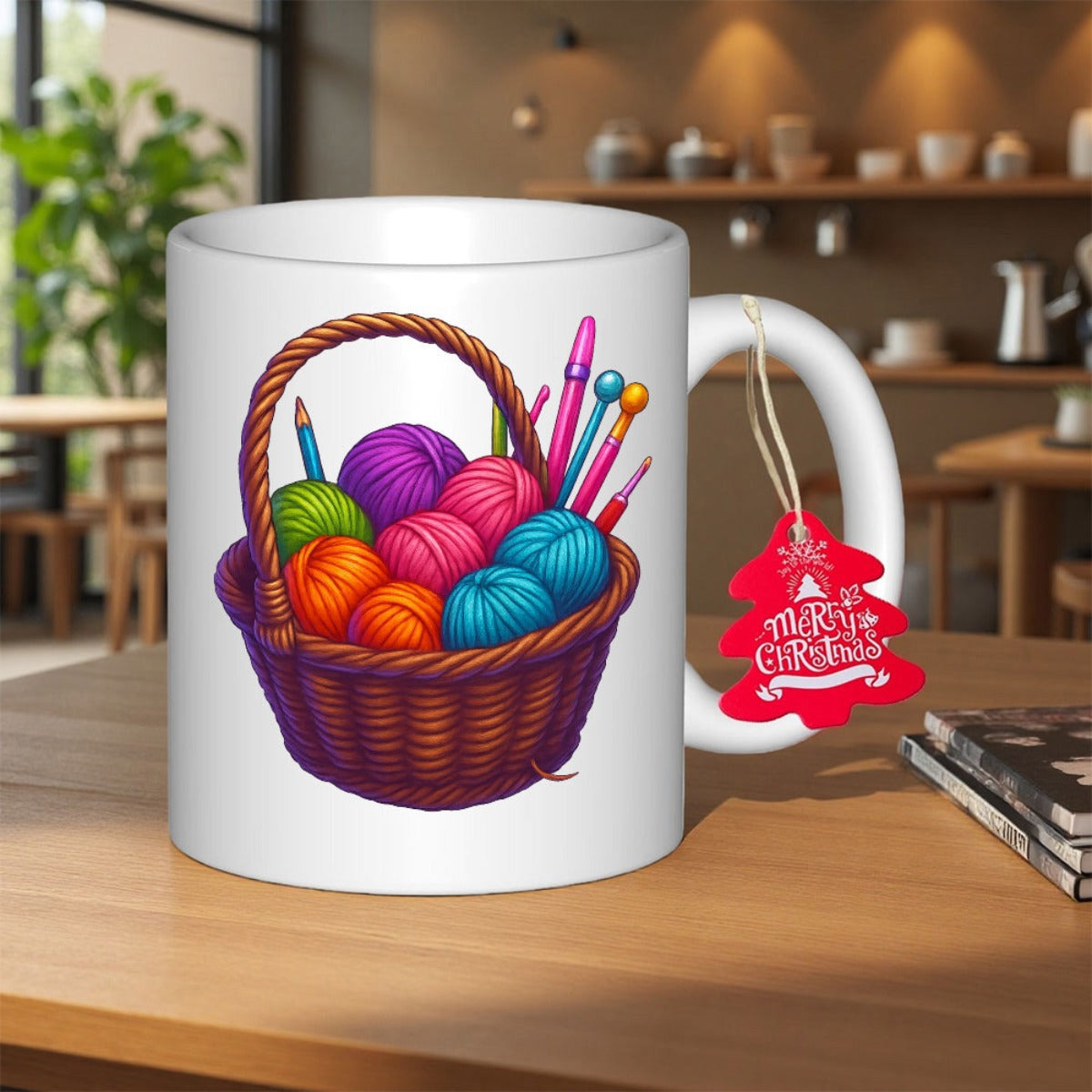 Tailorly White Ceramic 11 oz Mug - Vibrant Balls Of Soft Yarn Resting Inside A Rustic Woven Wicker Basket