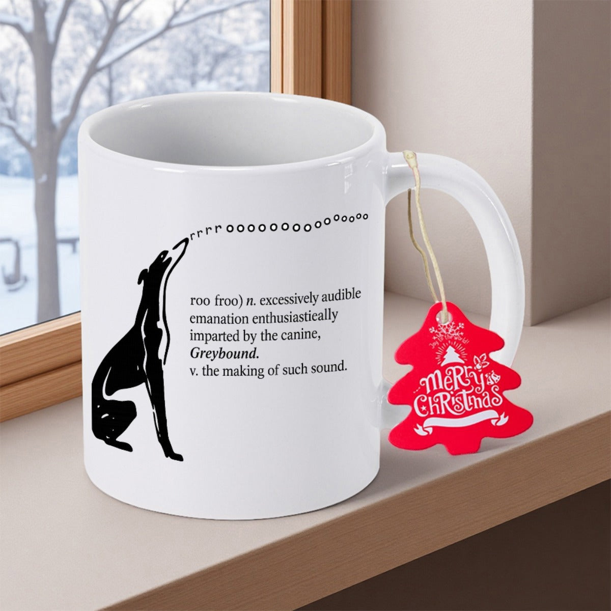 Tailorly White Ceramic 11 oz Mug - Greyhound Howling Black Silhouette Sitting Gracefully Beside A Humorous Dictionary Definition Dog