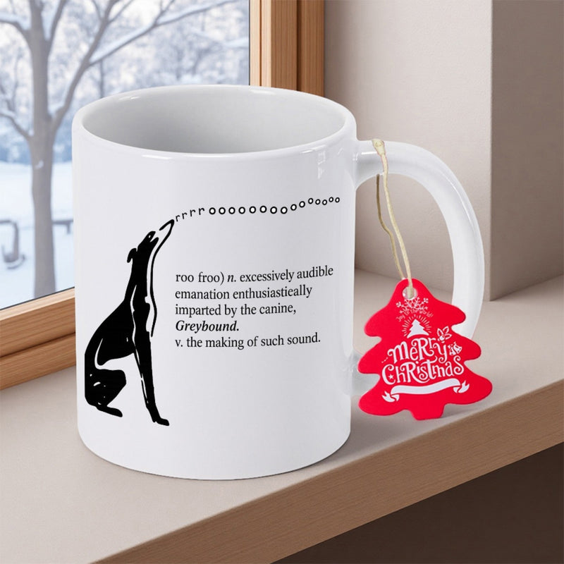 Tailorly White Ceramic 11 oz Mug - Greyhound Howling Black Silhouette Sitting Gracefully Beside A Humorous Dictionary Definition Dog