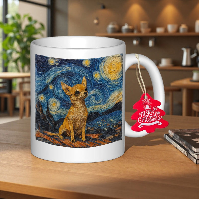 Tailorly White Ceramic 11 oz Mug - Merry Christmas Van Gogh Style Swirling Starry Night Sky With Calm Sitting Golden Fur Chihuahua
