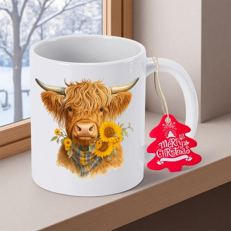 Tailorly White Ceramic 11 oz Mug - Merry Christmas Shaggy Highland Cattle Adorned With Sunflowers And Plaid Bandana Cow
