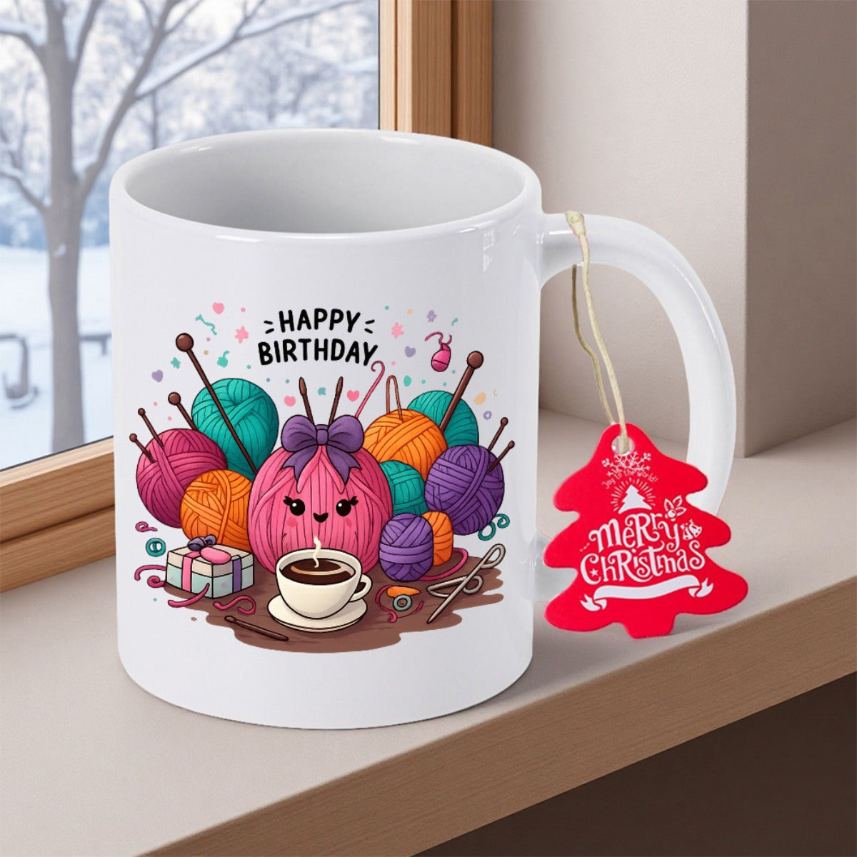 Tailorly White Ceramic 11 oz Mug - Happy Birthday Colorful Soft Balls Of Yarn Featuring Cute Pink Bow Heart Yarn
