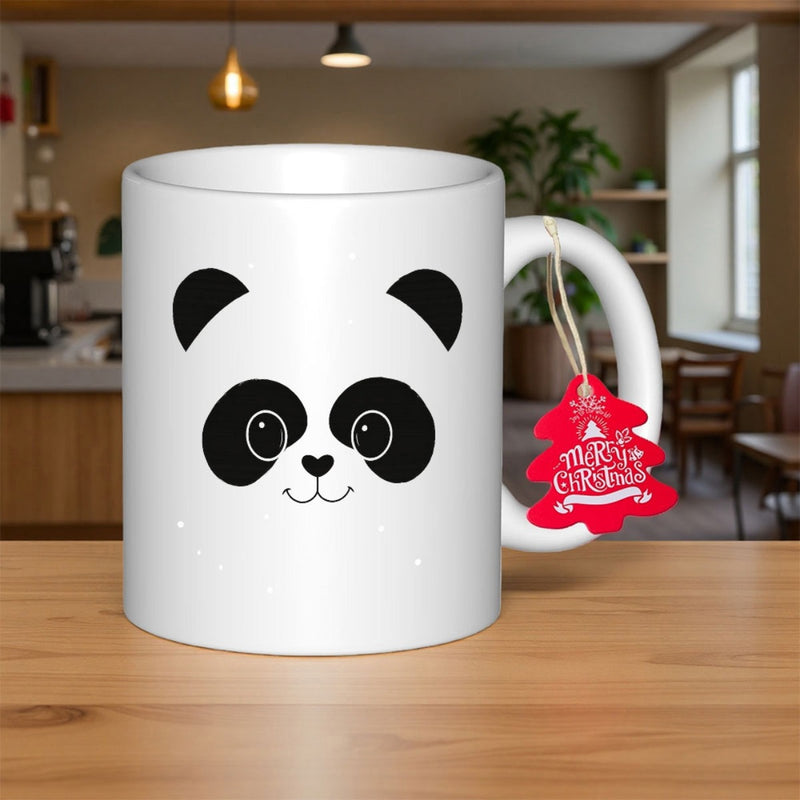 Tailorly White Ceramic 11 oz Mug - Merry Christmas Cute Simple Minimalist Black And White Animal Face Graphic Illustration Panda