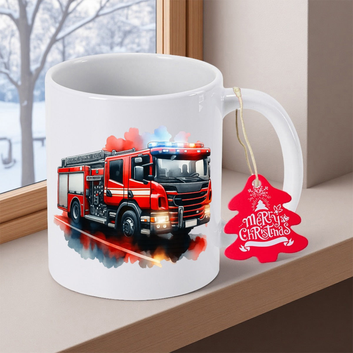 Tailorly White Ceramic 11 oz Mug - Merry Christmas Vibrant Red Emergency Vehicle Speeding Through Water And Flashing Lights Firetruck