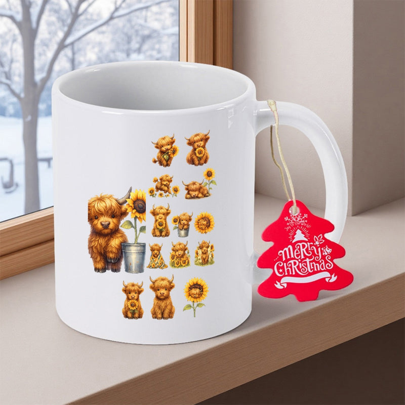 Tailorly White Ceramic 11 oz Mug - Merry Christmas Adorable Fluffy Brown Highland Cattle Sitting Among Golden Blooming Sunflower Garden Cow