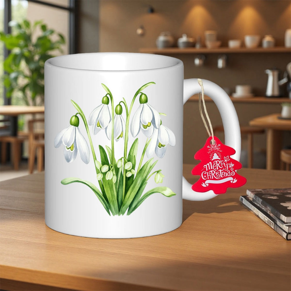 Tailorly White Ceramic 11 oz Mug - Merry Christmas Elegant White Snowdrop Flowers Blooming Among Vibrant Green Leaves Spring Flower