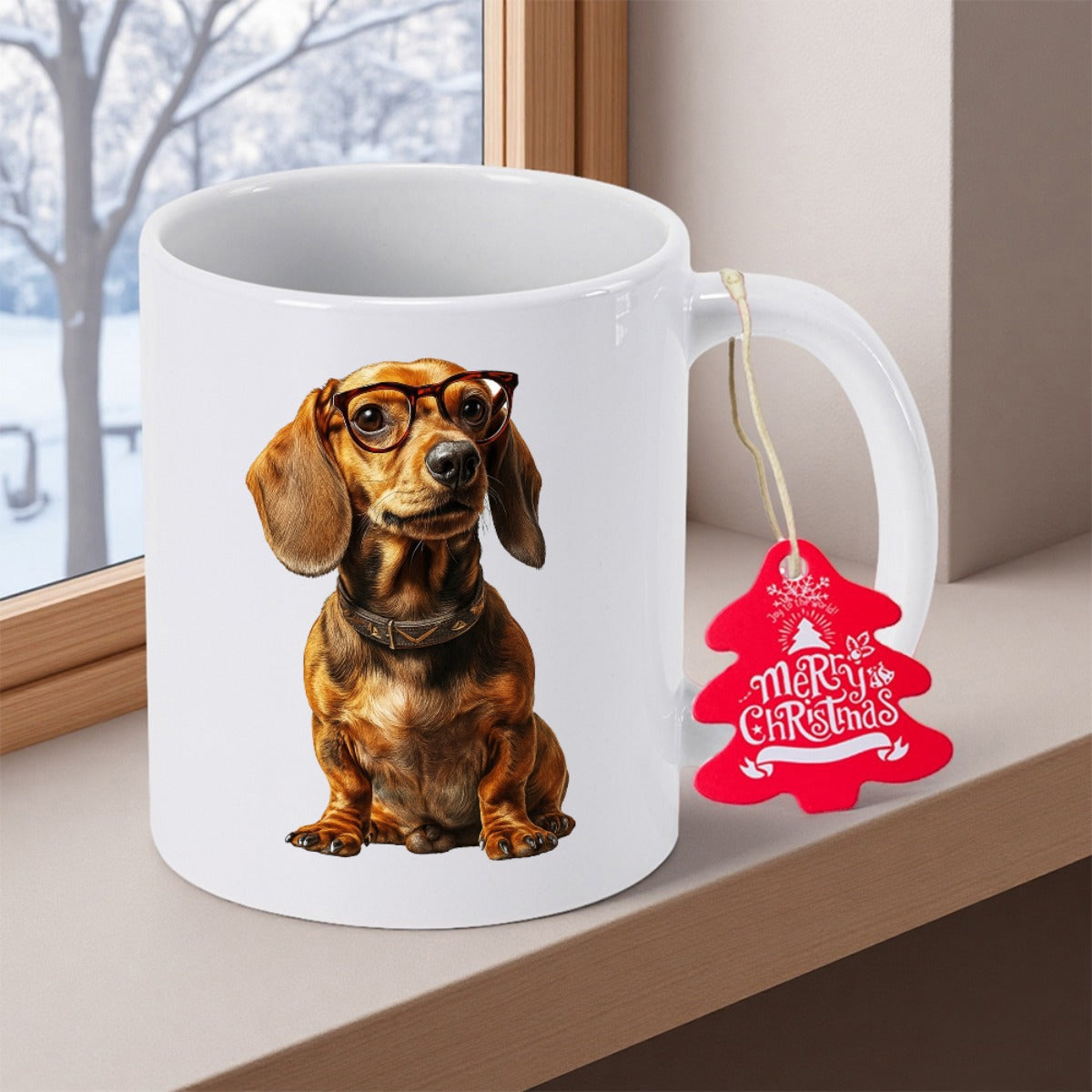 Tailorly White Ceramic 11 oz Mug - Merry Christmas Intelligent Brown Puppy Wearing Vintage Style Spectacles And Round Glasses Dachshund