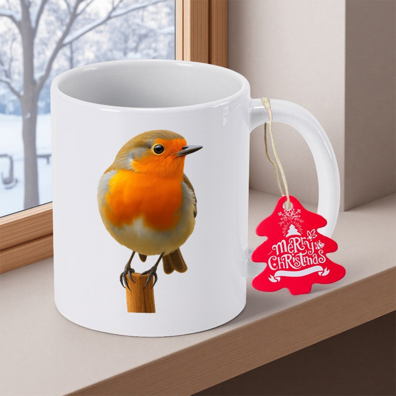 Tailorly White Ceramic 11 oz Mug - Merry Christmas Vibrant European Bird Perched On A Branch With Orange Feathers Robin
