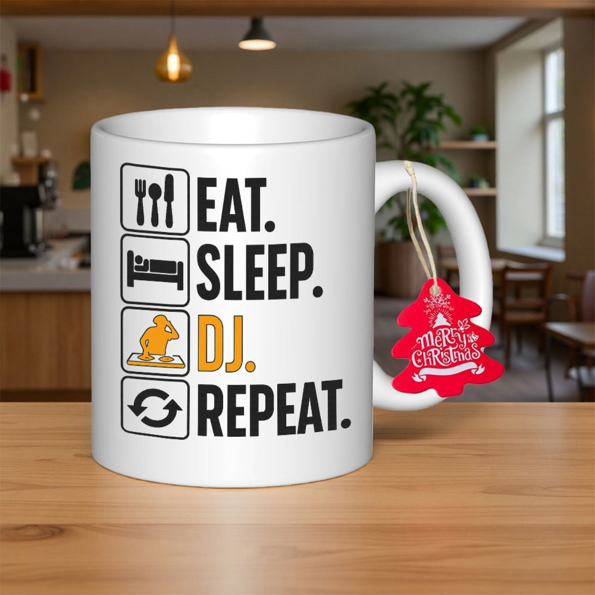 Tailorly White Ceramic 11 oz Mug - Eat Sleep DJ Repeat Merry Christmas Stylized Turntable Icons Among Minimalist Modern Life Cycle Symbols DJ