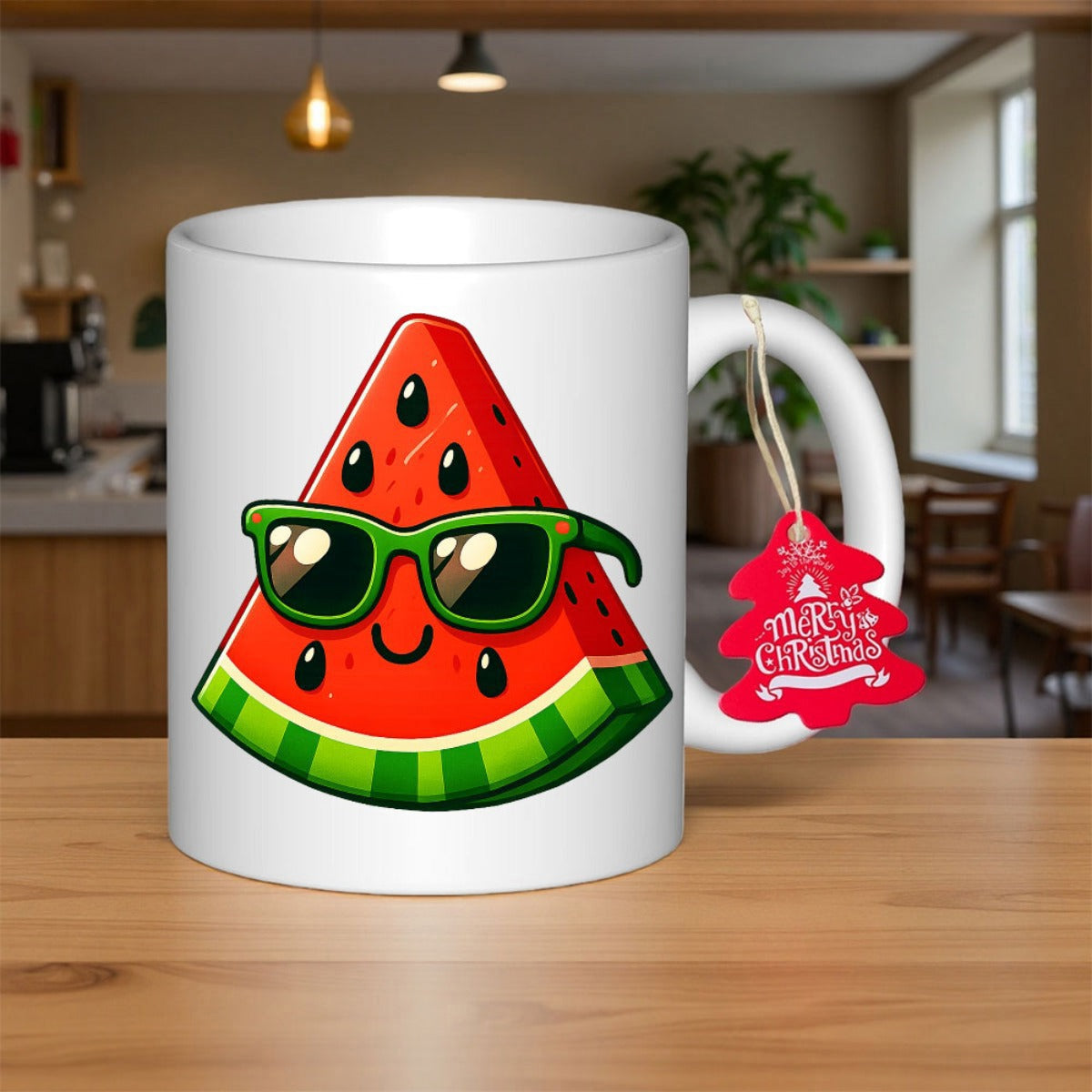Tailorly White Ceramic 11 oz Mug - Merry Christmas Vibrant Triangular Summer Fruit Slice With Green Sunglasses And Cheerful Smile Watermelon