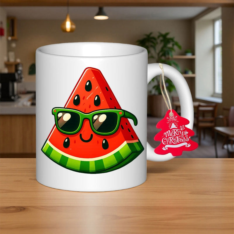 Tailorly White Ceramic 11 oz Mug - Merry Christmas Vibrant Triangular Summer Fruit Slice With Green Sunglasses And Cheerful Smile Watermelon
