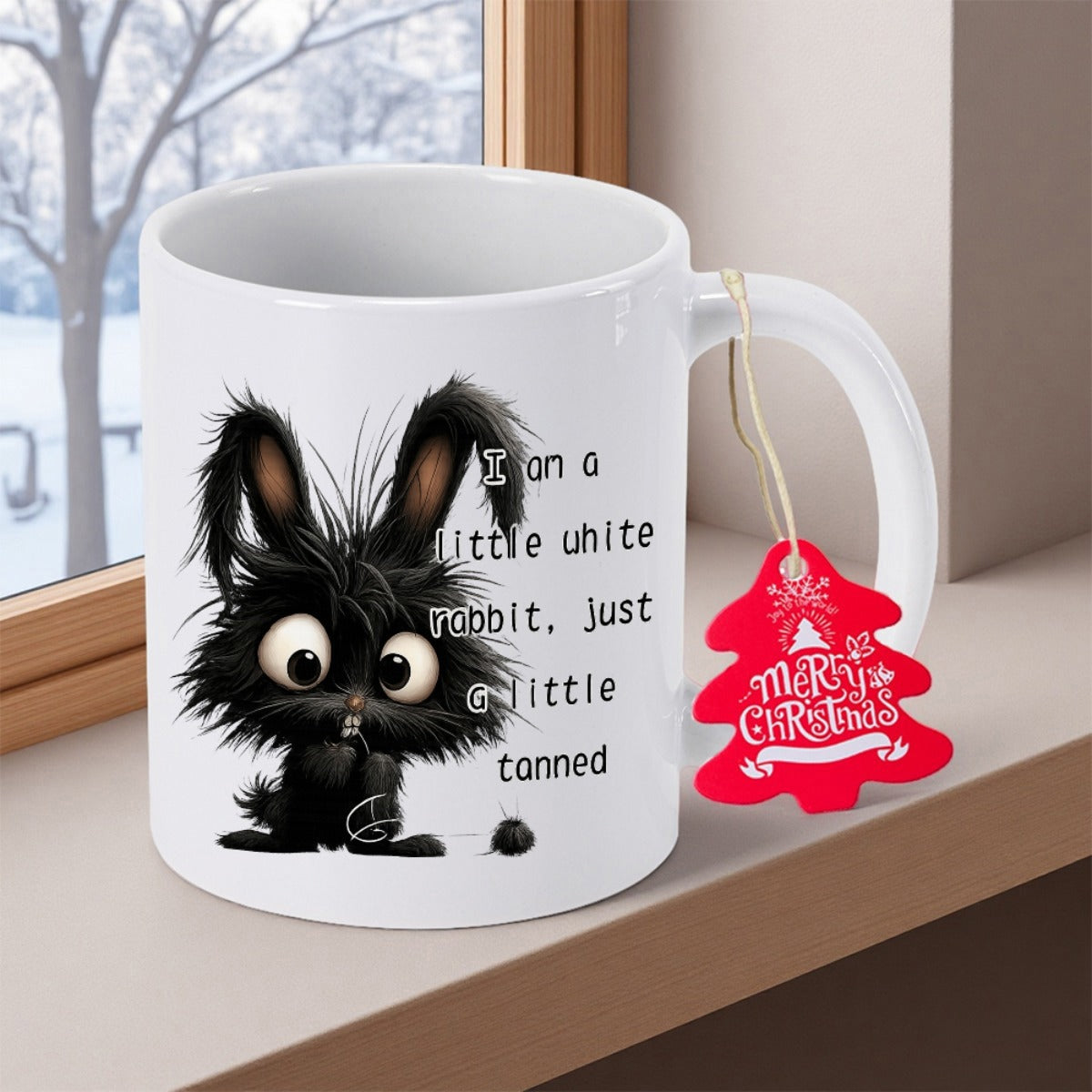 Tailorly White Ceramic 11 oz Mug - I Am A Little White Rabbit Just A Little Tanned Fluffy Messy Black Fur With Large Expressive Eyes Sitting Patiently Cute Rabbit