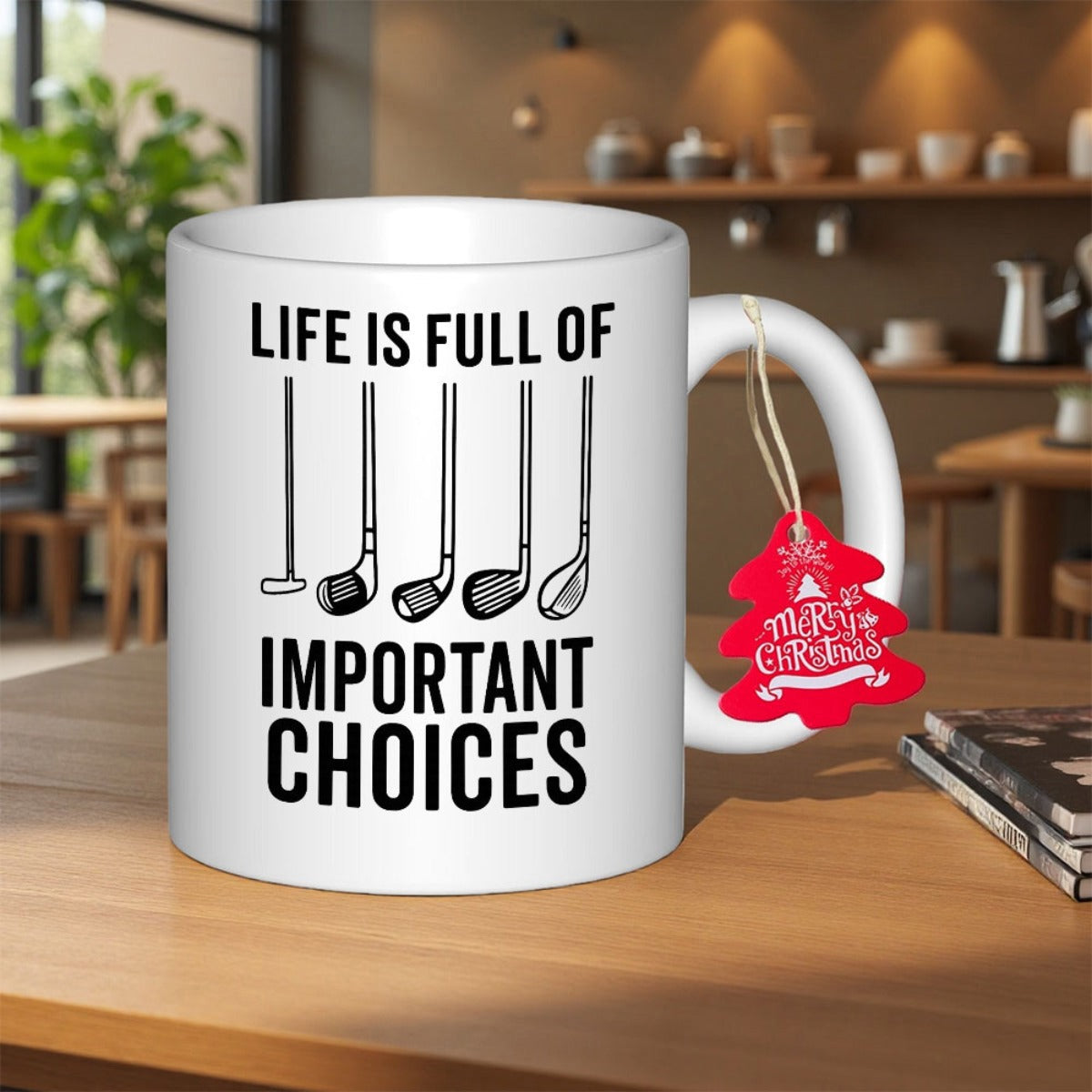 Tailorly White Ceramic 11 oz Mug - Life Is Full Of Important Choices Minimalist Black Line Art Icons Representing Various Professional Sports Equipment Golf Club