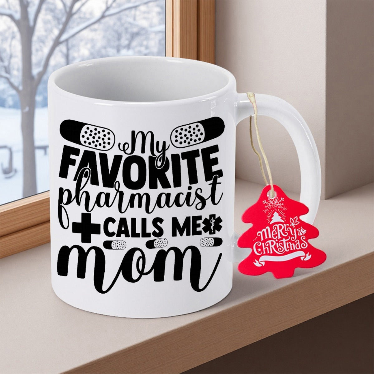 Tailorly White Ceramic 11 oz Mug - My Favorite Pharmacist Calls Me Mom Minimalist Medical Icons And Bold Script Typography Mug