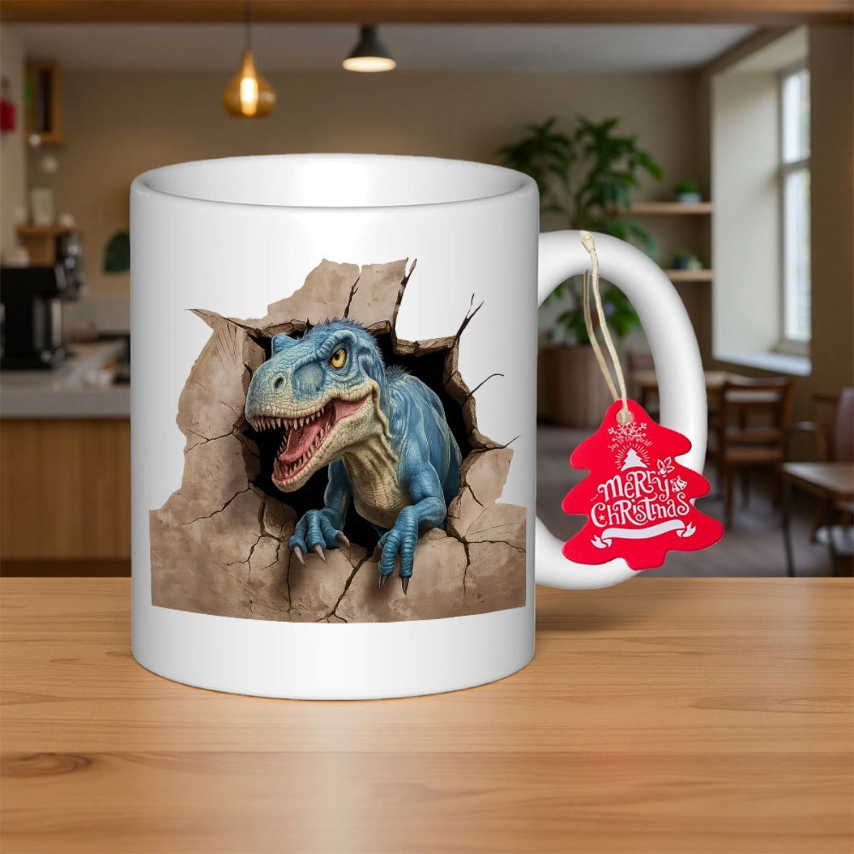 Tailorly White Ceramic 11 oz Mug - Merry Christmas Fierce Blue Raptor Breaking Through A Cracked Stone Wall Dinosaur