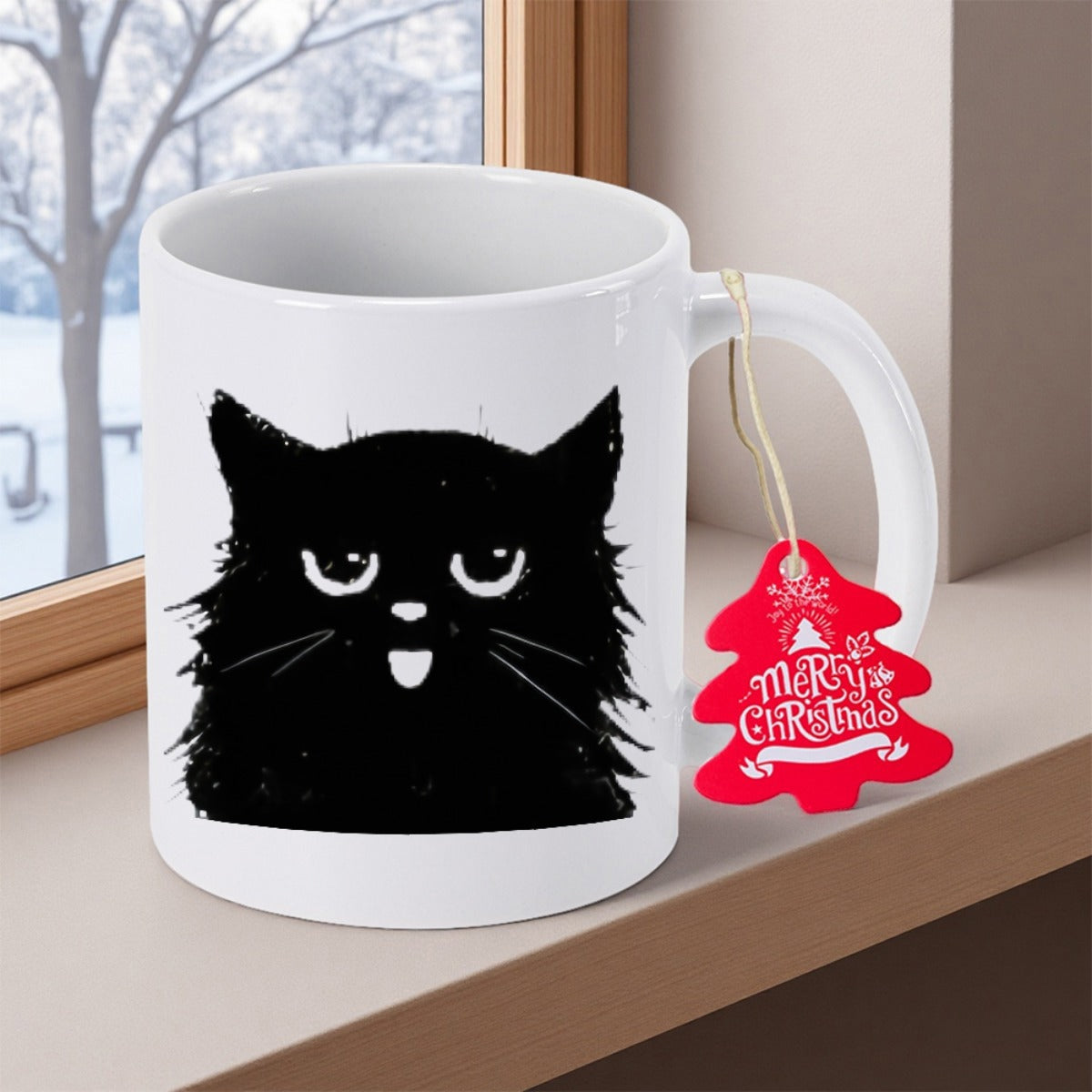 Tailorly White Ceramic 11 oz Mug - Hand Drawn Fluffy Black Feline With Tongue Sticking Out Cat