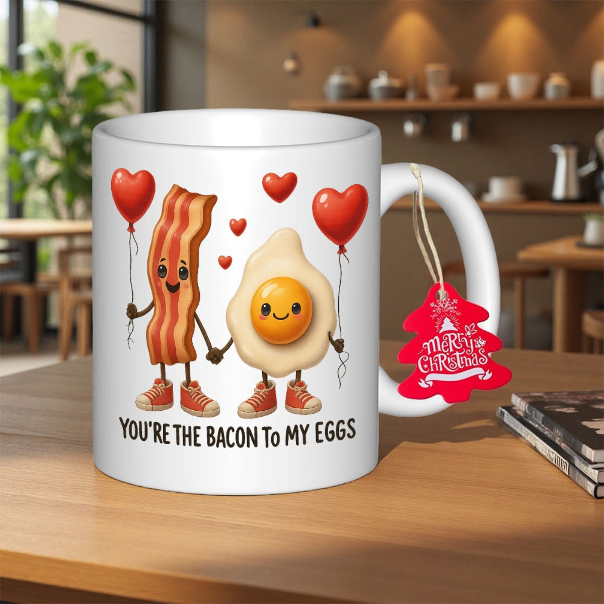 Tailorly White Ceramic 11 oz Mug - Youre The Bacon To My Eggs Adorable Cartoon Characters Holding Floating Red Heart Balloons Breakfast