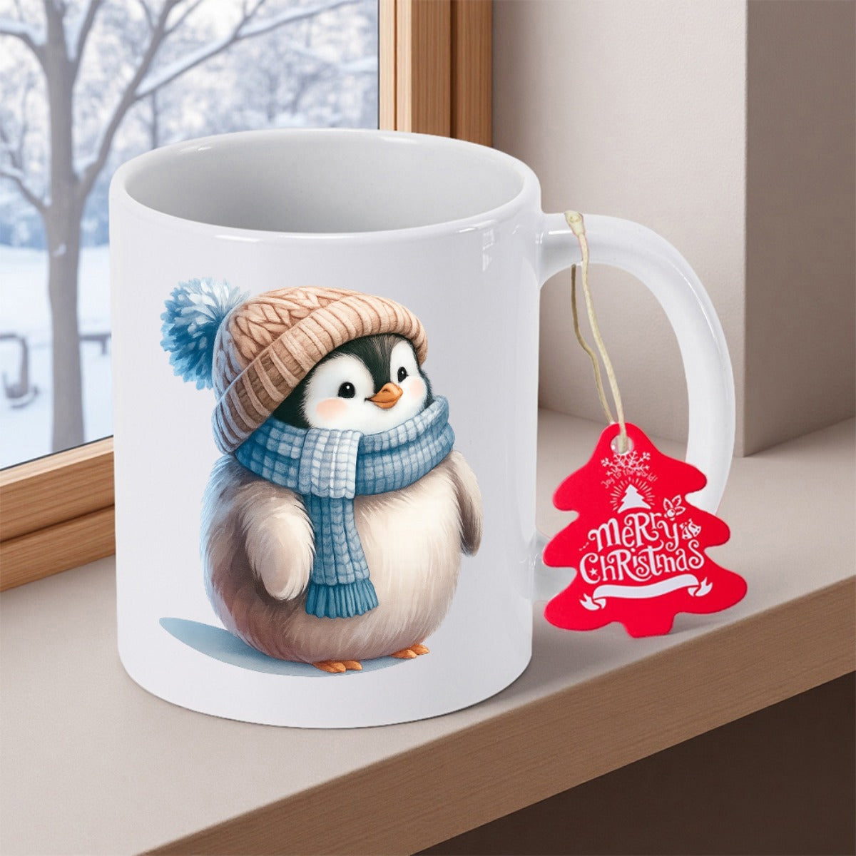 Tailorly White Ceramic 11 oz Mug - Merry Christmas Adorable Baby Bird Wearing Knitted Winter Hat And Blue Scarf Penguin