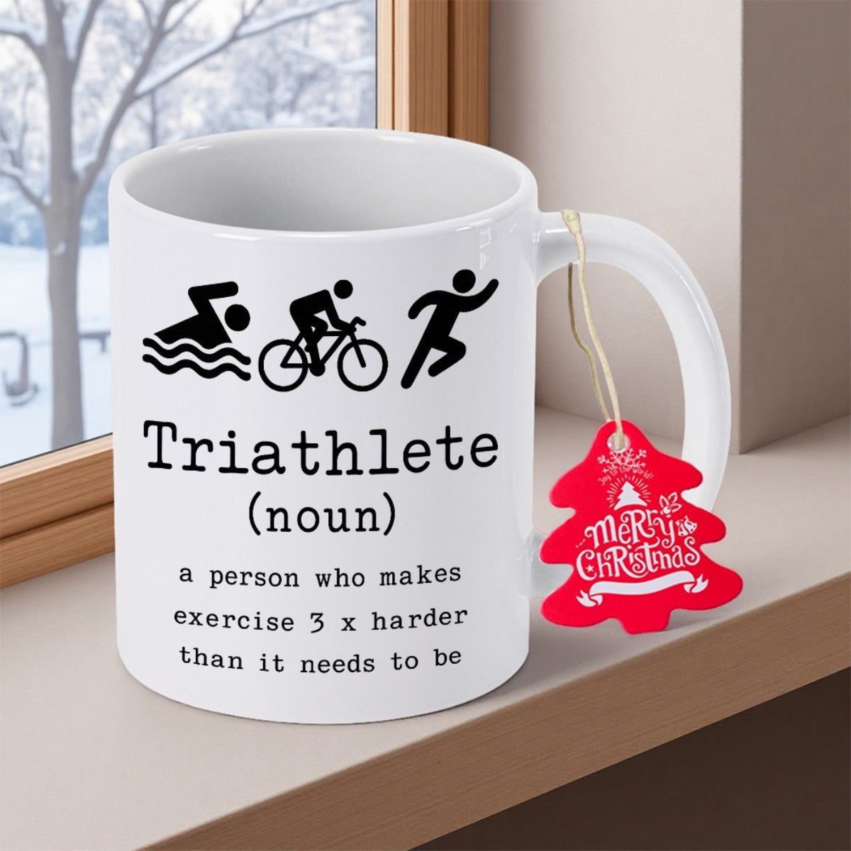 Tailorly White Ceramic 11 oz Mug - Triathlete Noun A Person Who Makes Exercise Three Times Harder Than It Needs To Be Swimming Cycling And Running Icons Displayed