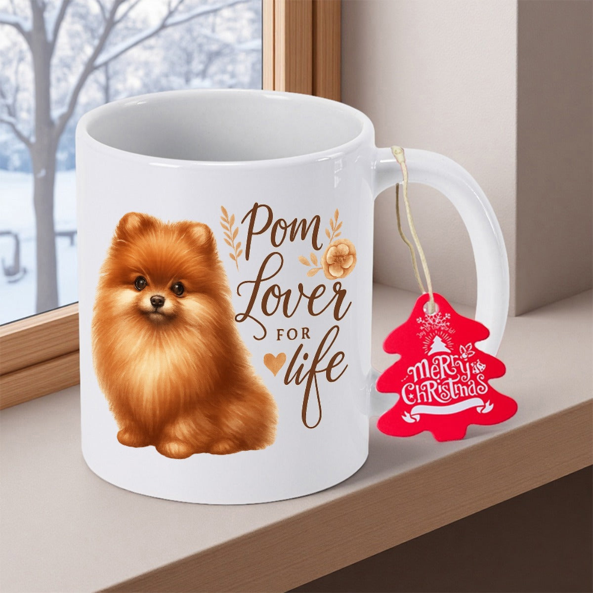 Tailorly White Ceramic 11 oz Mug - Pom Lover For Life Fluffy Little Brown Dog With Golden Fur And Floral Details Pomeranian