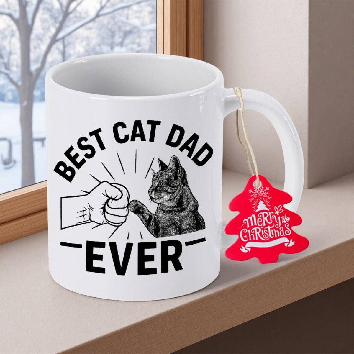 Tailorly White Ceramic 11 oz Mug - Best Cat Dad Ever Small Domestic Animal Reaching Out To Touch Human Fist Gently Cat