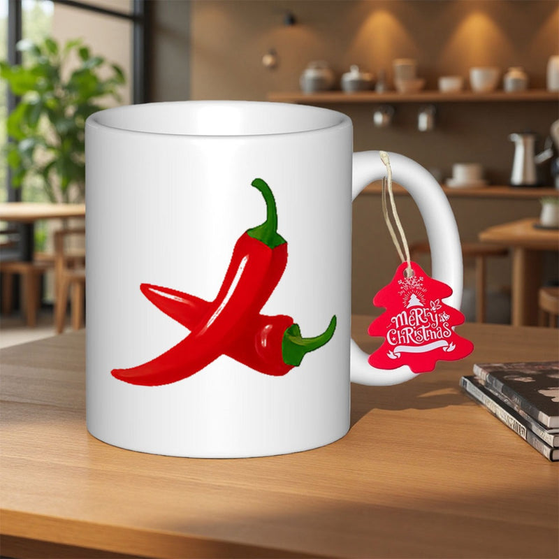 Tailorly White Ceramic 11 oz Mug - Two Vivid Red Peppers Crossed Against A Clean White Ceramic Background Pepper