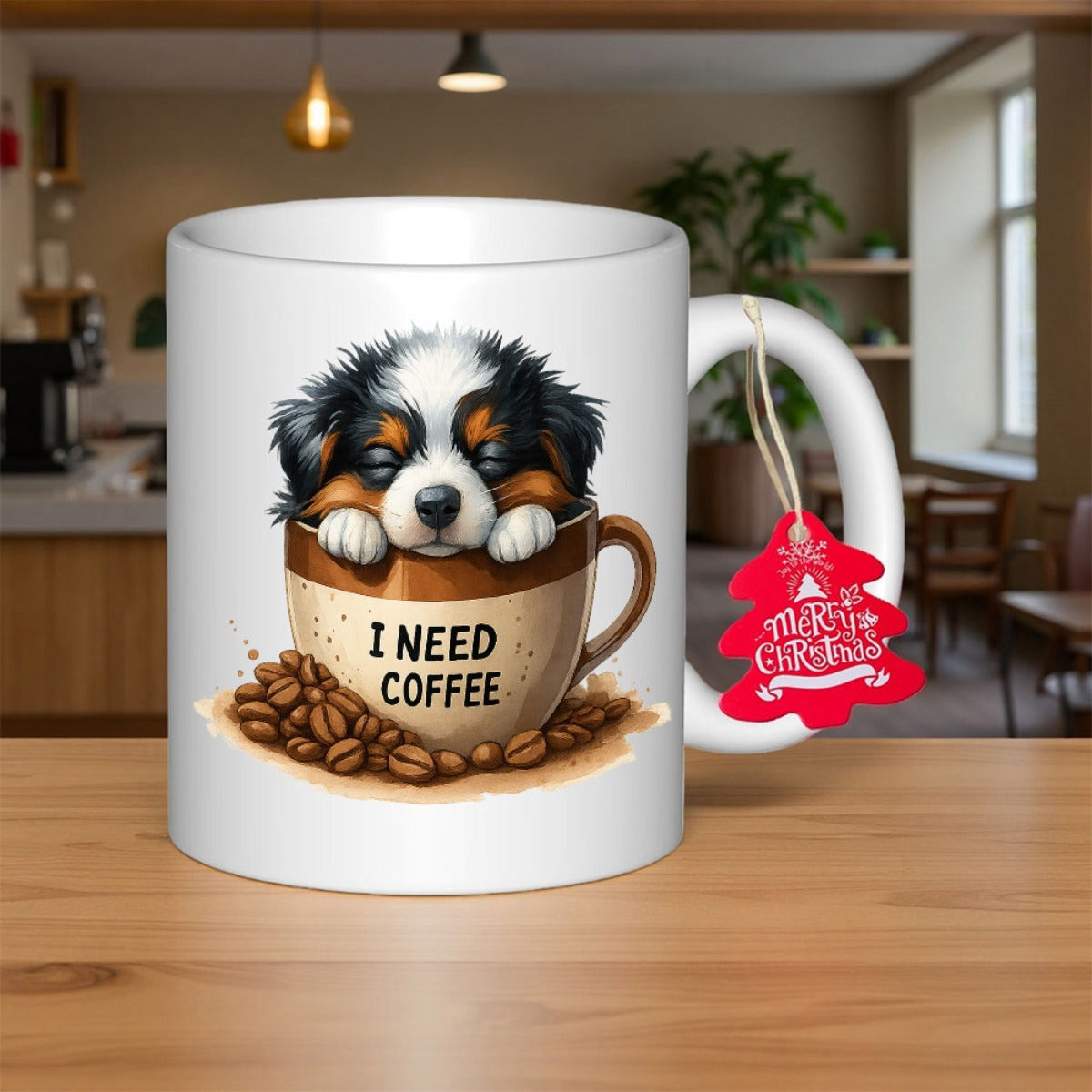 Tailorly White Ceramic 11 oz Mug - I Need Coffee Adorable Fluffy Puppy Sleeping Inside A Small Cup Among Roasted Brown Coffee Beans Puppy