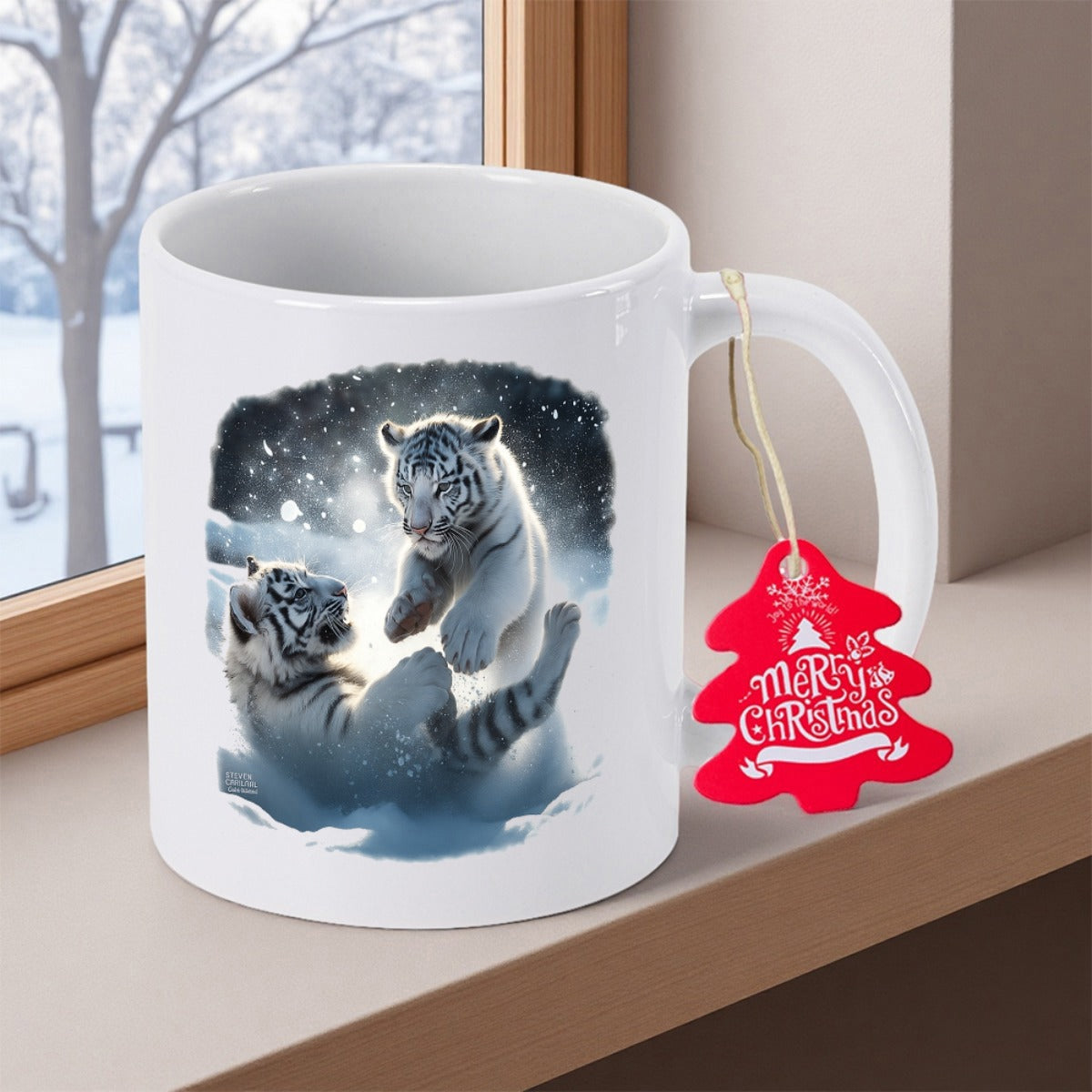 Tailorly White Ceramic 11 oz Mug - Merry Christmas Two Playful Cubs Frolicking Amidst Falling Snow Under A Glistening Starry Night Tiger