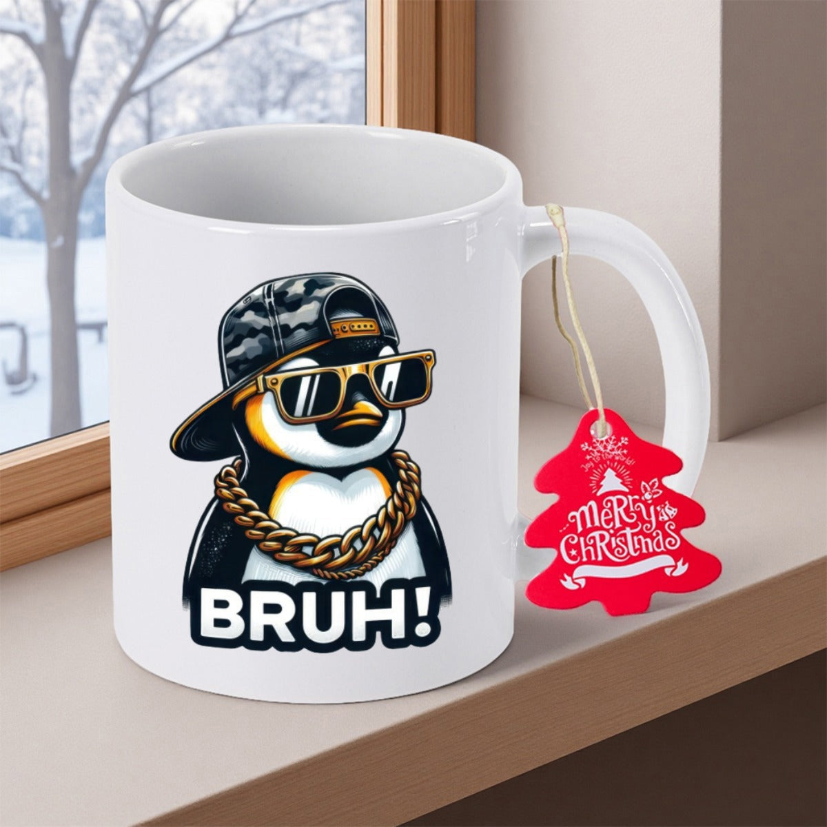 Tailorly White Ceramic 11 oz Mug - Bruh Merry Christmas Cool Cartoon Wearing Sunglasses Cap And Gold Chain Penguin