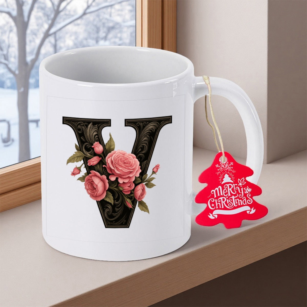 Tailorly White Ceramic 11 oz Mug - Merry Christmas Elegant Black Letter Decorated With Blooming Pink Roses And Green Leaves Letter