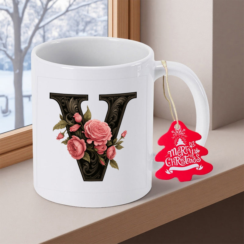 Tailorly White Ceramic 11 oz Mug - Merry Christmas Elegant Black Letter Decorated With Blooming Pink Roses And Green Leaves Letter