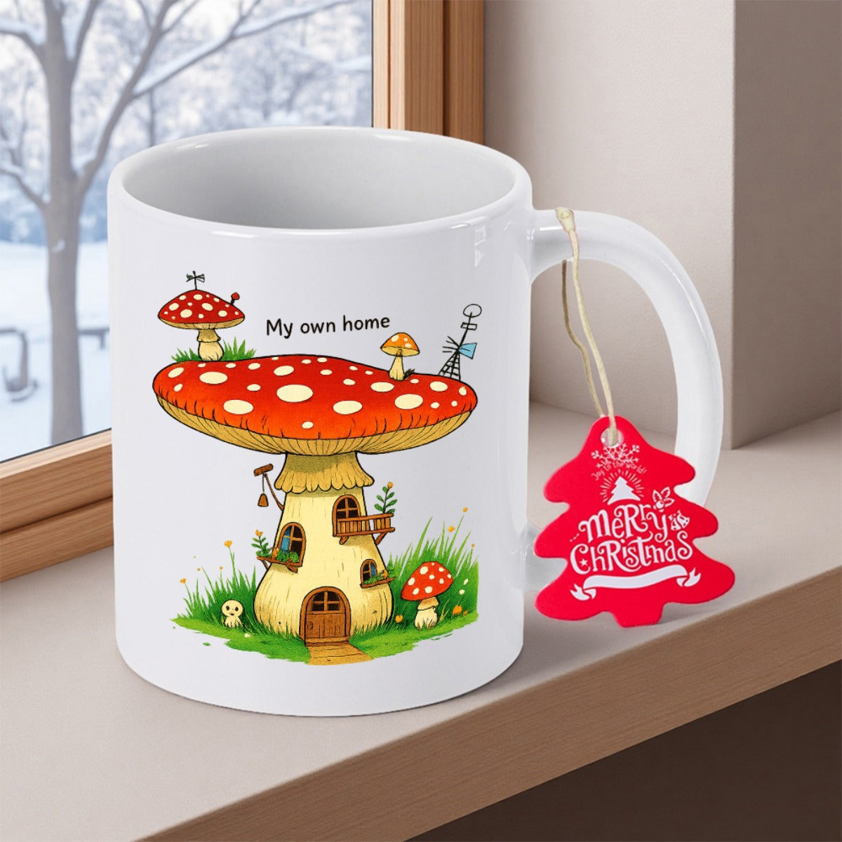 Tailorly White Ceramic 11 oz Mug - My Own Home Whimsical Cottagecore House Surrounded By Green Grass And Tiny Plants Mushroom