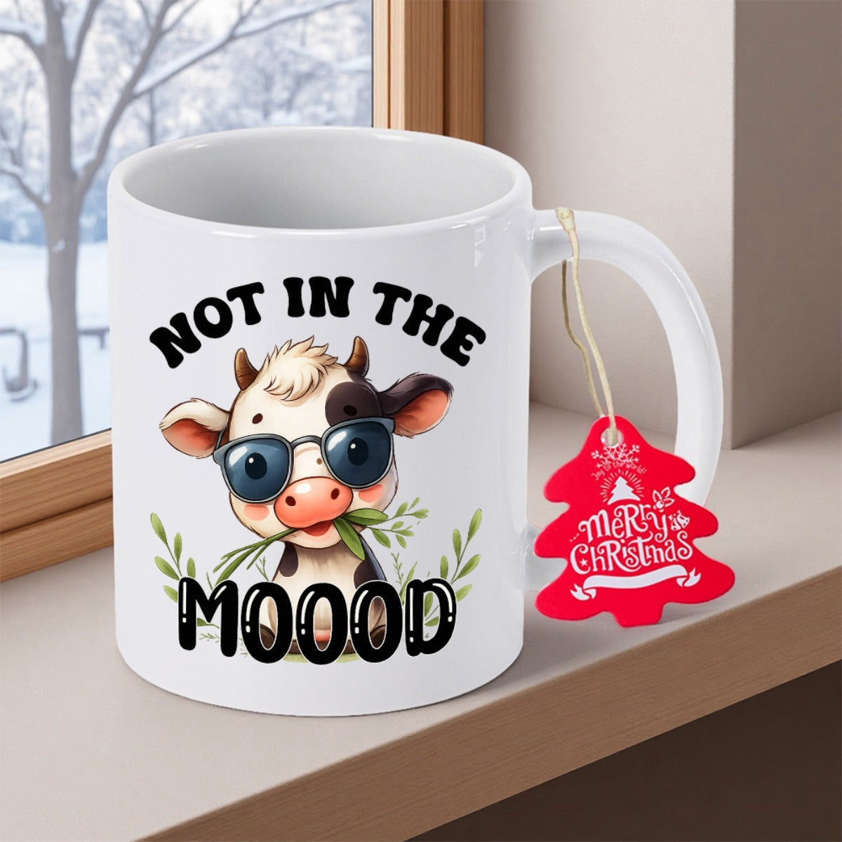 Tailorly White Ceramic 11 oz Mug - Not In The Moood Adorable Cartoon Style Wearing Sunglasses Chewing A Green Grass Stem Cow