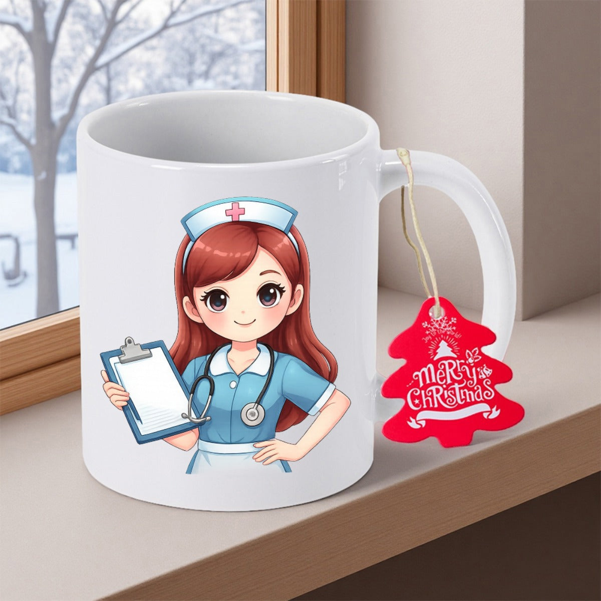 Tailorly White Ceramic 11 oz Mug - Merry Christmas Cute Cartoon Character Wearing Blue Medical Uniform Holding Clipboard Nurse
