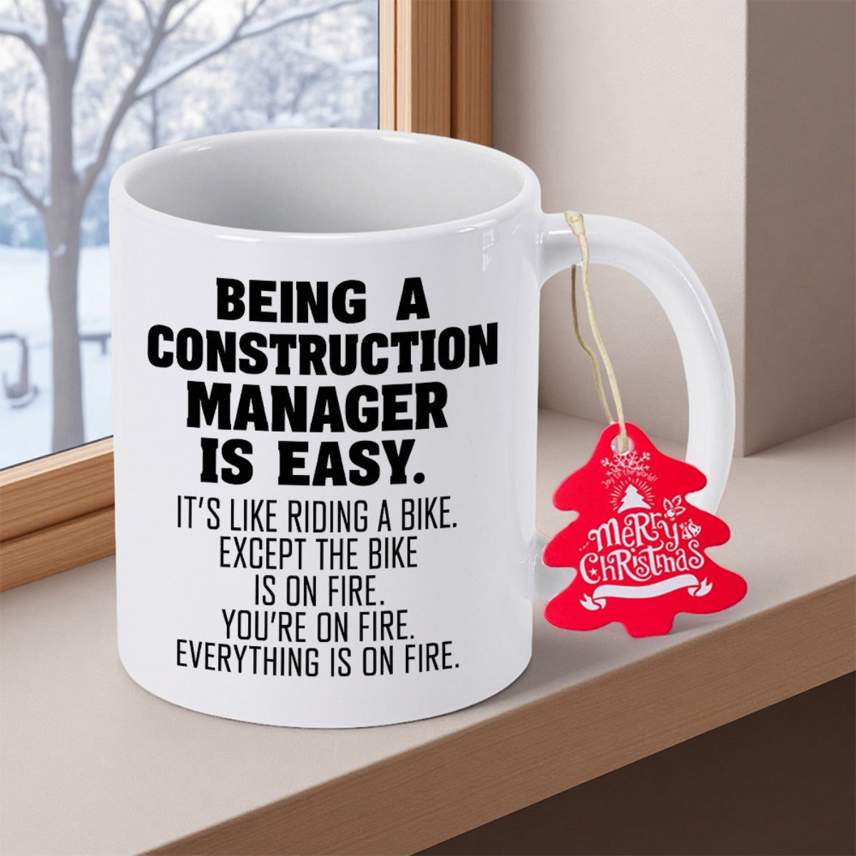 Tailorly White Ceramic 11 oz Mug - Being A Construction Manager Is Easy Professional Ceramic Coffee Cup With Bold Typography And Red Festive Tag Mug