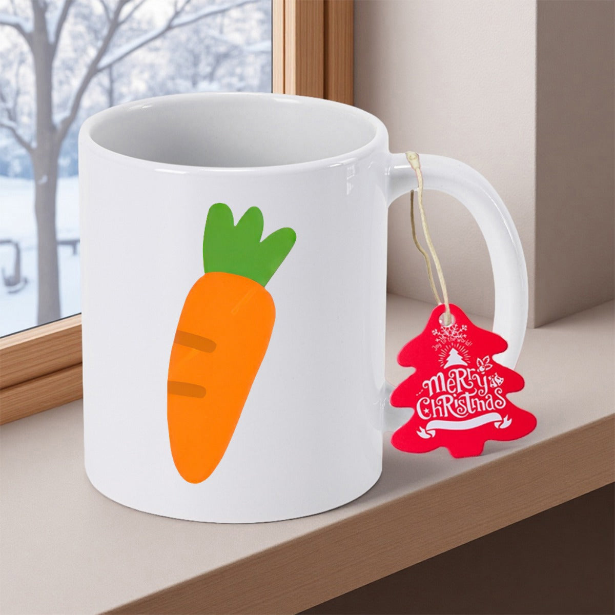 Tailorly White Ceramic 11 oz Mug - Merry Christmas Simple Hand Drawn Style Orange Vegetable With Green Leafy Stem Carrot