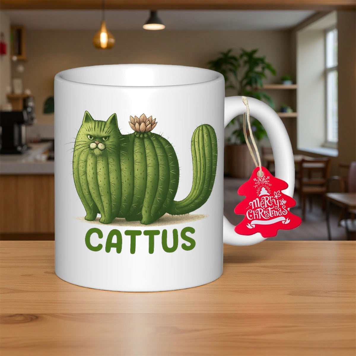 Tailorly White Ceramic 11 oz Mug - Cattus Unique Green Feline Shaped Plant Growing Among Desert Spines Cactus