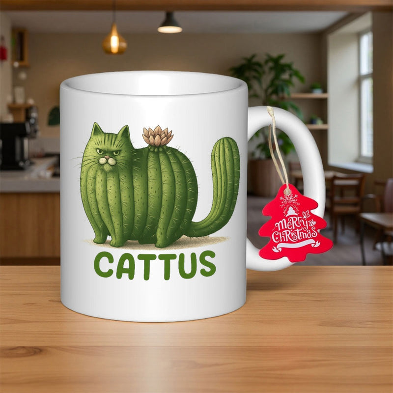 Tailorly White Ceramic 11 oz Mug - Cattus Unique Green Feline Shaped Plant Growing Among Desert Spines Cactus
