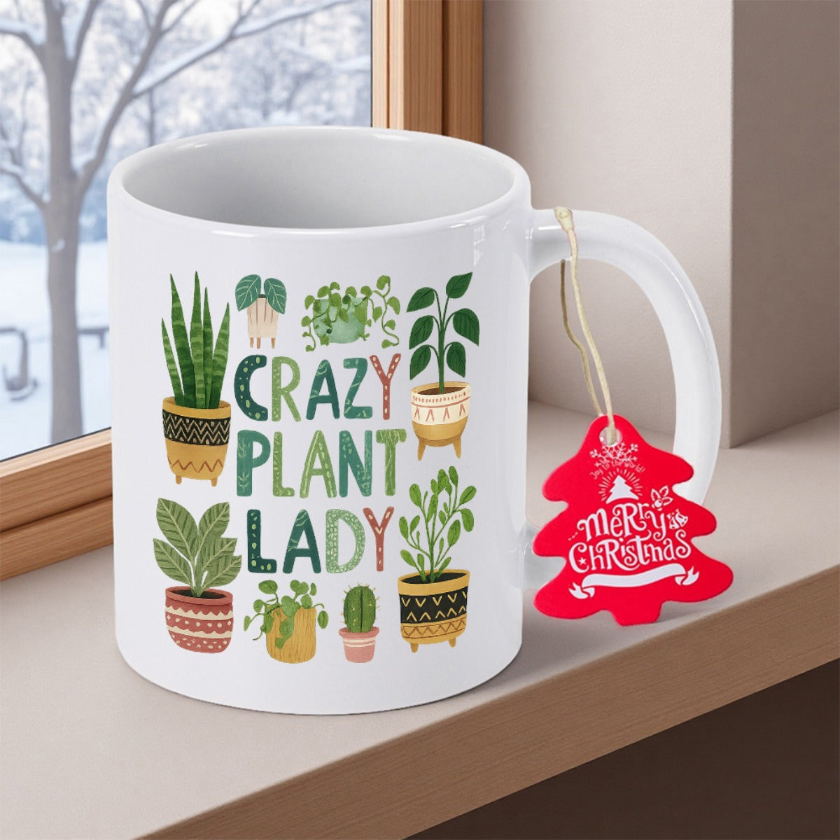 Tailorly White Ceramic 11 oz Mug - Crazy Plant Lady Beautiful Collection Of Potted Green Houseplants With Unique Leaf Textures Plant