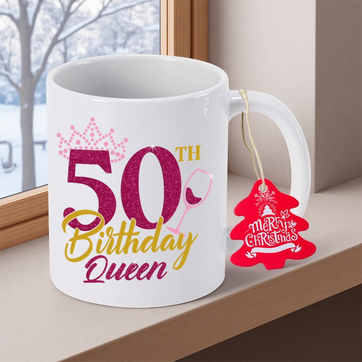 Tailorly White Ceramic 11 oz Mug - 50th Birthday Queen Elegant Royal Tiara Featuring A Wine Glass And Sparkling Decorative Accents Crown