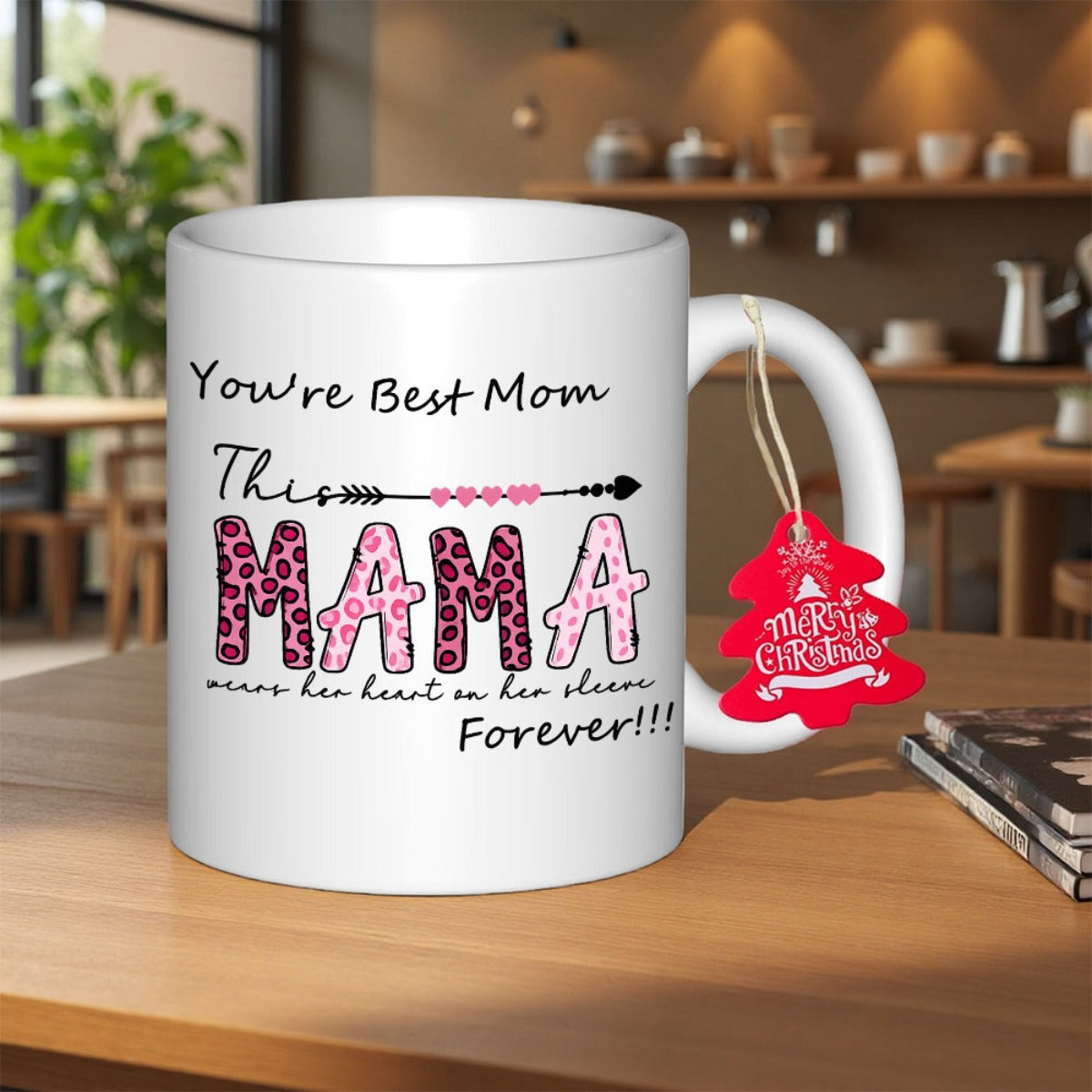 Tailorly White Ceramic 11 oz Mug - Youre Best Mom This Mama Wears Her Heart On Her Sleeve Forever Stylized Black Arrow With Pink Leopard Print Text And Hearts Mug
